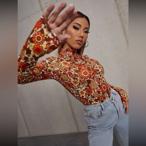 SHEIN retro floral long sleeve bodysuit